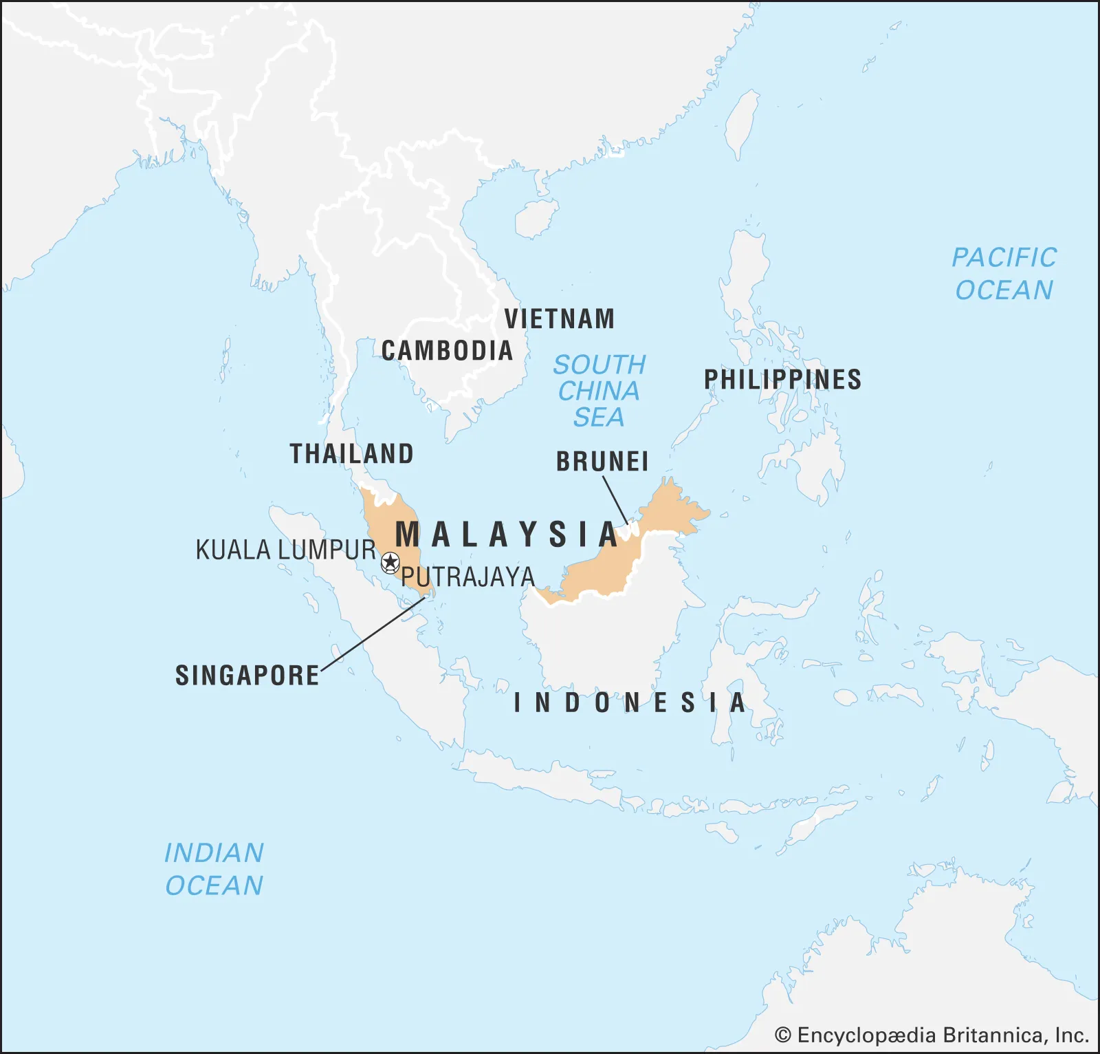 A map highlighting Malaysia, separated into Peninsular Malaysia and East Malaysia on Borneo. Surrounding countries include Thailand, Cambodia, Vietnam, Philippines, and Indonesia. Key cities labeled are Kuala Lumpur and Putrajaya. The South China Sea is also shown.