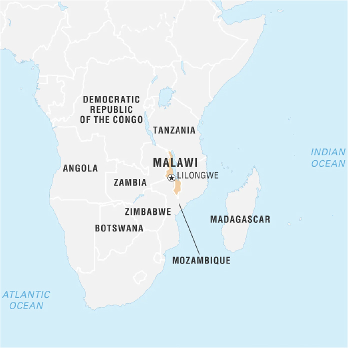 A map of southeastern Africa highlighting Malawi and its capital, Lilongwe. Surrounding countries include Tanzania to the north, Zambia to the west, Mozambique to the east and south, and nearby nations such as the Democratic Republic of the Congo, Angola, Botswana, and Zimbabwe.