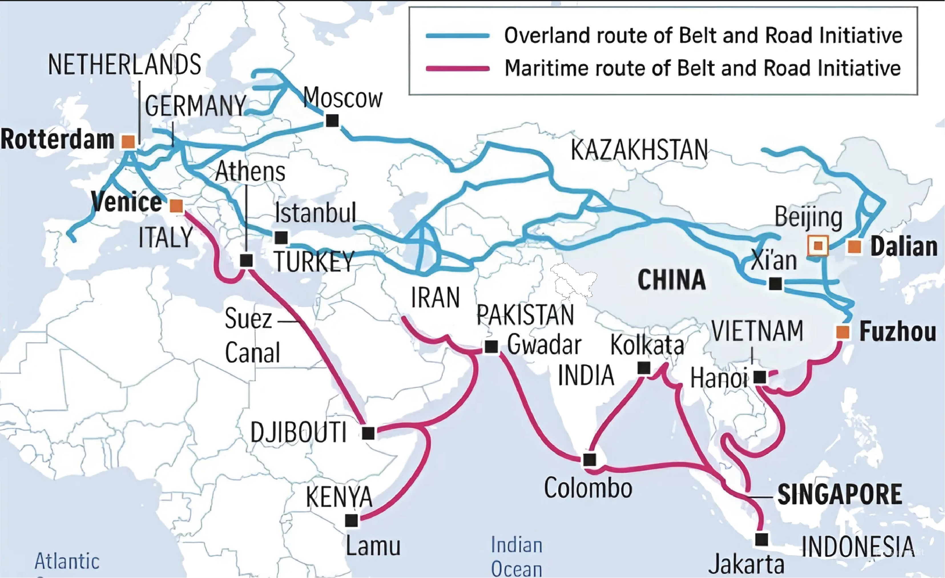 A detailed map illustrating the route of BRI