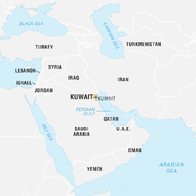 Map of West Asia showing Kuwait and Kuwait City.