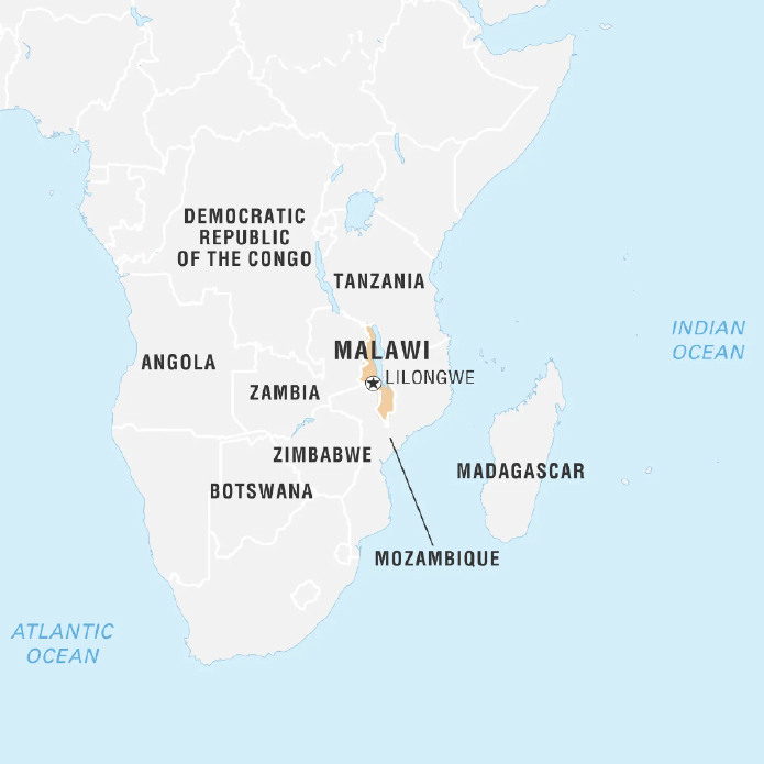 A map of Malawi highlighting its borders