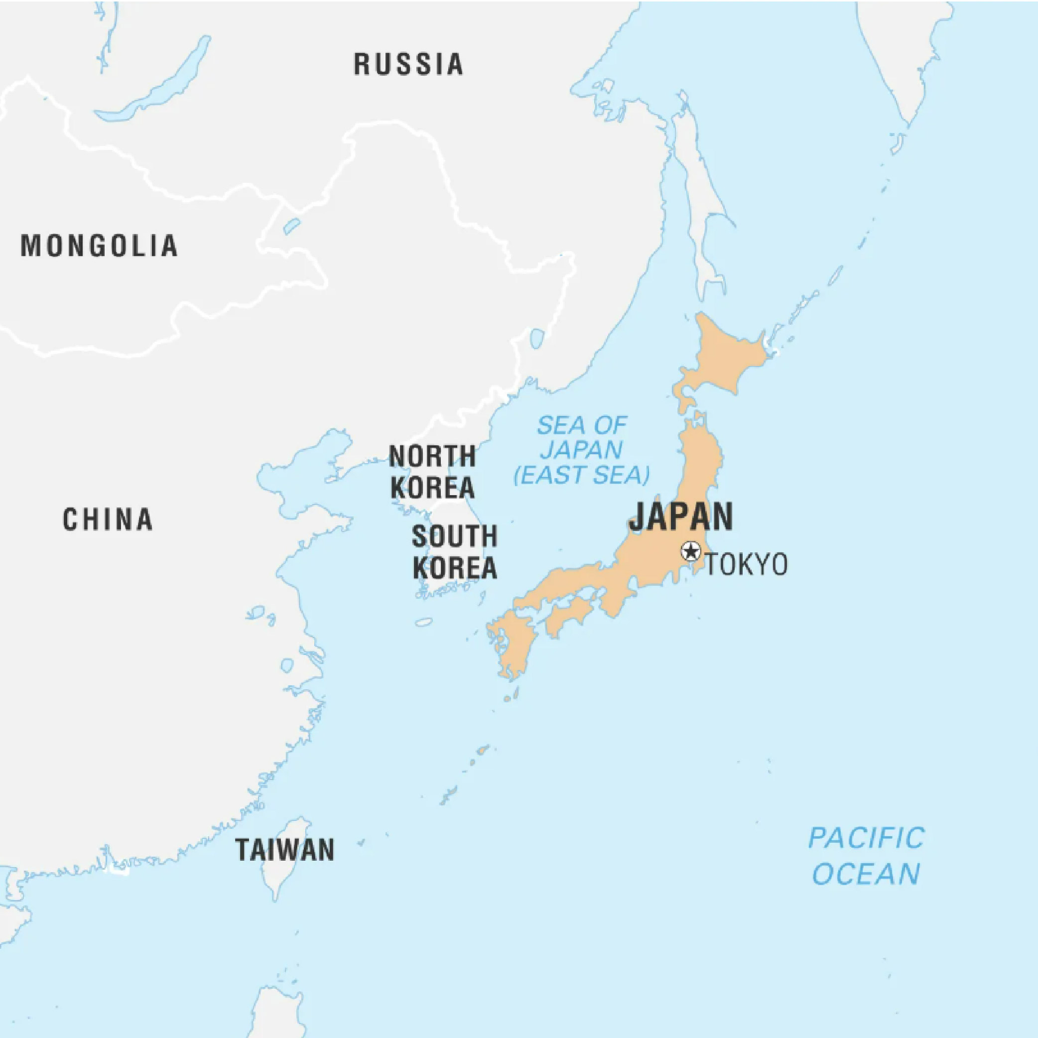 Map showing Japan with its capital Tokyo, along with its neighborhood countries.