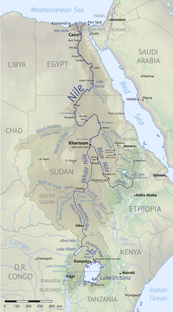 A map illustrating the Nile River Basin, tracing the flow of the Nile from Lake Victoria in East Africa through Uganda, South Sudan, Sudan, and Egypt, before reaching the Mediterranean Sea. It highlights the White Nile, Blue Nile, and major cities like Cairo, Khartoum, and Addis Ababa, along with significant geographical features like Lake Tana and Lake Albert.