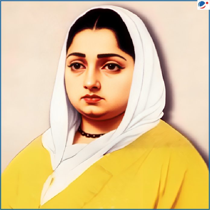 A digital portrait of a woman wearing a white headscarf and yellow attire, with a calm and composed expression.