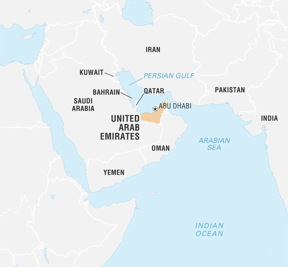 A map of the Middle East highlighting the United Arab Emirates in tan. Surrounding countries and water bodies are labeled, including Saudi Arabia, Oman, Yemen, Kuwait, Bahrain, Qatar, Iran, Pakistan, and India, as well as the Persian Gulf, Arabian Sea, and Indian Ocean. Abu Dhabi is marked.