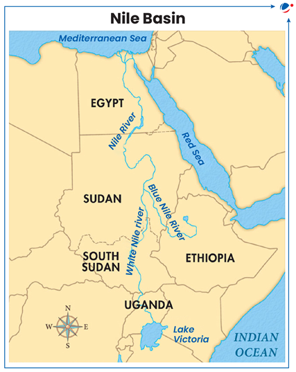 Map showing Nile River basin. It shows White Nile, and Blue Nile, Red Sea, Mediterranean Sea, Indian Ocean, and African countries including Egypt, Sudan, Ethiopia. 