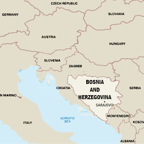 "A political map of Central and Southeastern Europe highlighting Bosnia and Herzegovina, with neighboring countries labeled. Sarajevo, the capital, is marked with a star. The Adriatic Sea borders the region to the southwest."