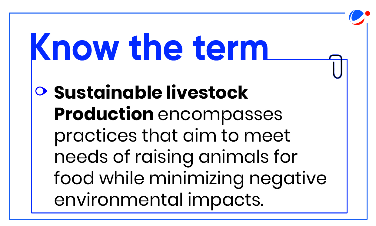 Image showing a text definition under the heading "Know the term." The term defined is "Sustainable livestock production," which encompasses practices that aim to meet the needs of raising animals for food while minimizing negative environmental impacts.