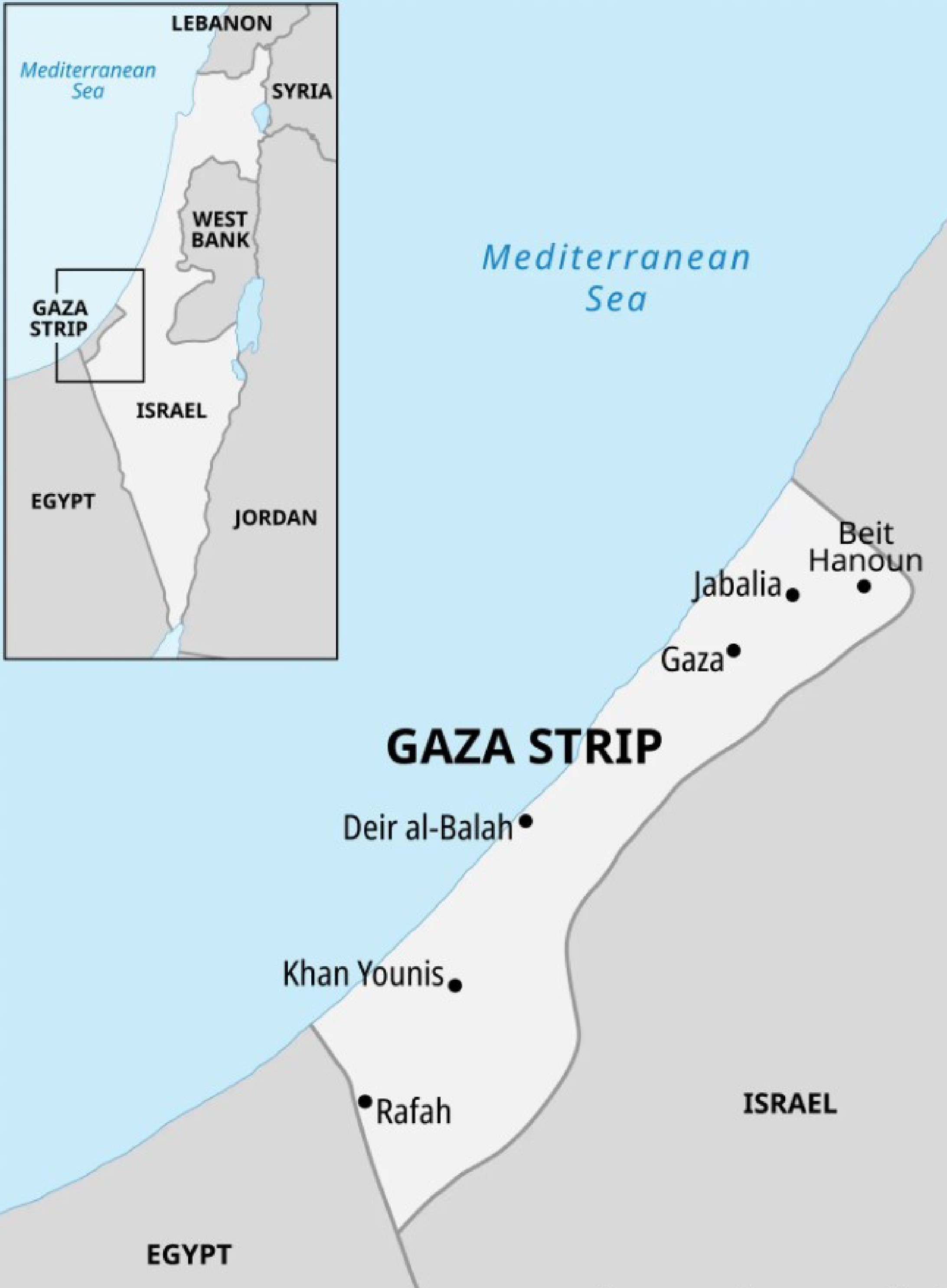 An infographic map showing Gaza Strip in the West Asia off the coast of Mediterranean Sea.