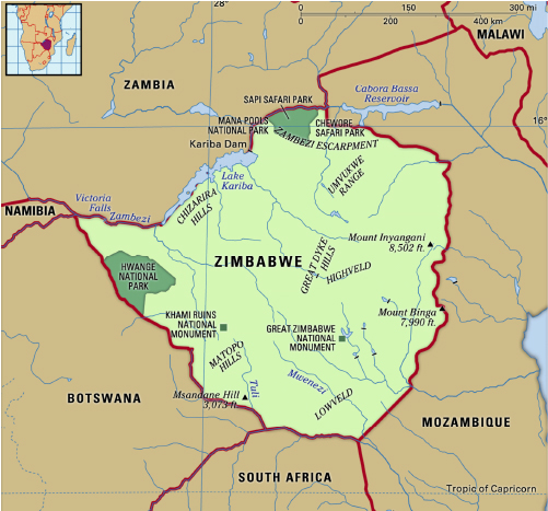 A detailed map of Zimbabwe, highlighting national parks, significant landmarks like Victoria Falls and Great Zimbabwe, major rivers such as the Zambezi, surrounding countries, and neighboring bodies of water. The inset shows Zimbabwe's location in Africa.