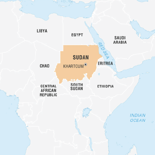 A map of Northeast Africa highlighting Sudan in orange. Sudan is bordered by Egypt to the north, the Red Sea, and Eritrea to the east, Ethiopia to the southeast, South Sudan to the south, Central African Republic to the southwest, Chad to the west, and Libya to the northwest. The capital, Khartoum, is marked with a star.