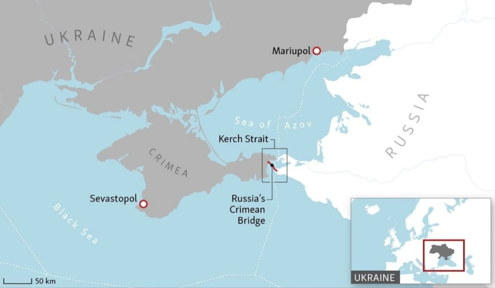 Map showing Kerch Strait connecting the Sea of Azov and the Black Sea.