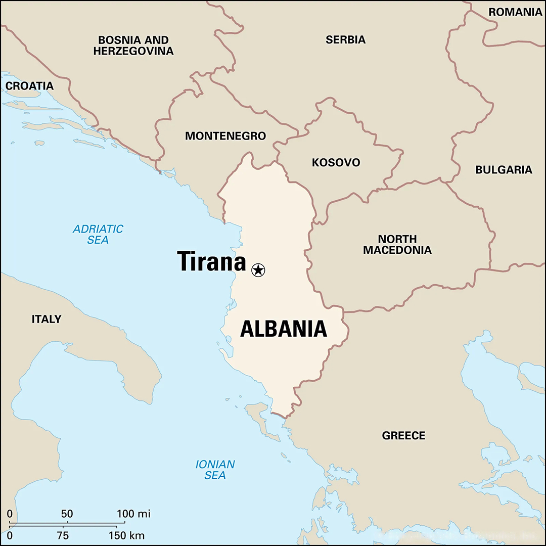 Detailed map of Albania, illustrating its specific location in Balkan regions.