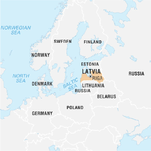 A map highlighting Latvia and surrounding countries, including Estonia to the north, Lithuania to the south, Russia to the east, and the Baltic Sea to the west. The capital city, Riga, is marked in Latvia. Nearby countries include Norway, Sweden, Finland, Denmark, Germany, Poland, and Belarus.