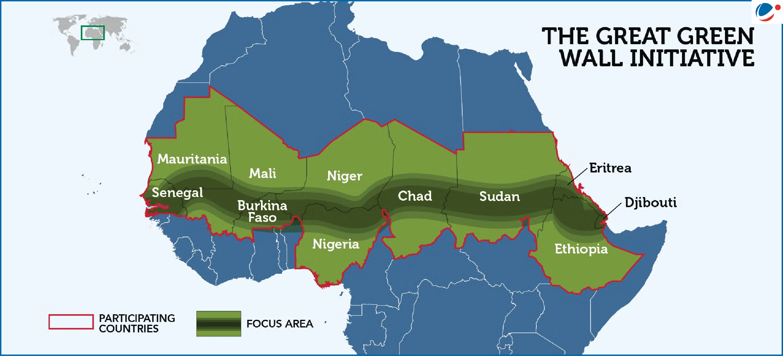 Map showing The Great Green Wall Initiative, a transcontinental project across the **Sahel region** of Africa aimed at restoring degraded land and combating desertification from **Senegal to Djibouti**.