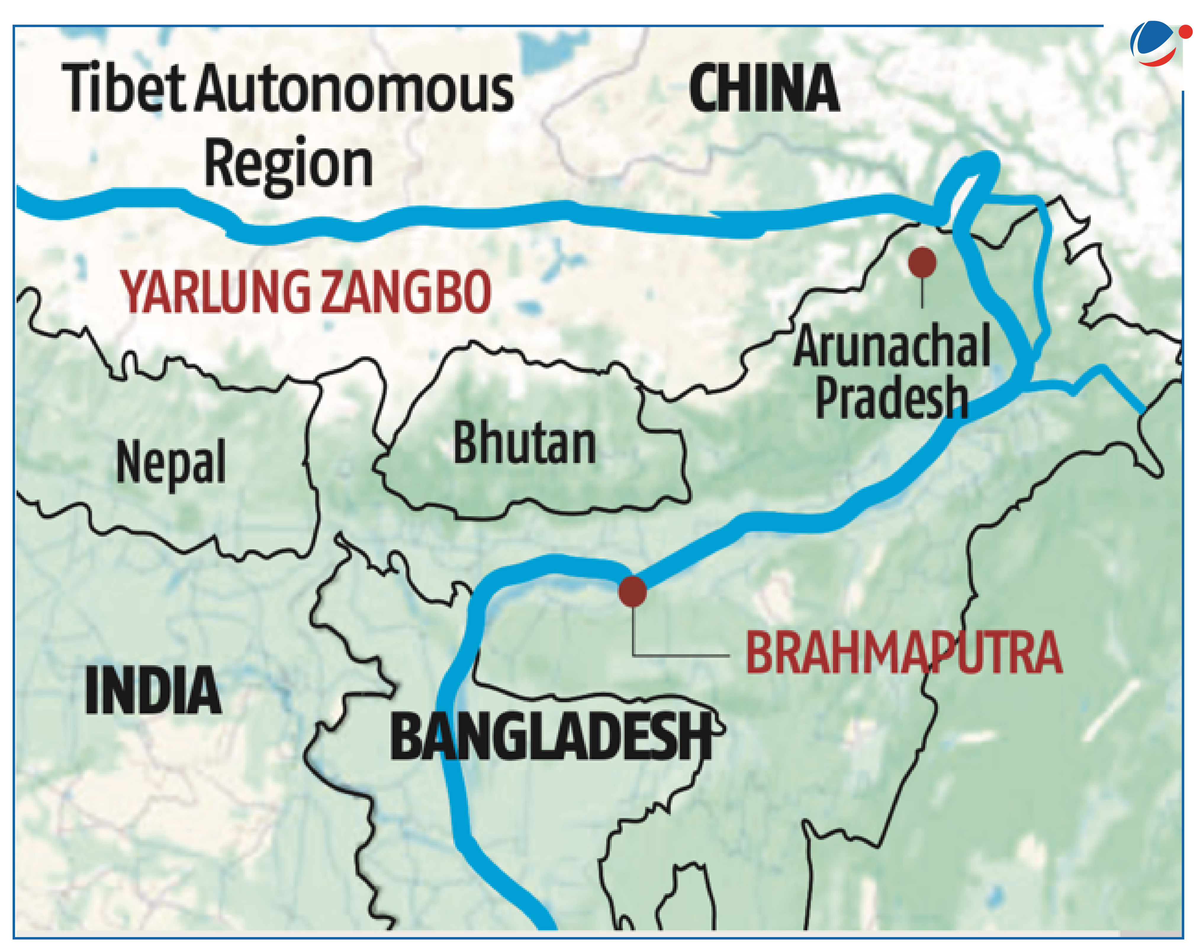 An image showing pat of Yarlung Zangbo River/Brahmaputra river from Tibet to Arunachal Pradesh then to Bangladesh