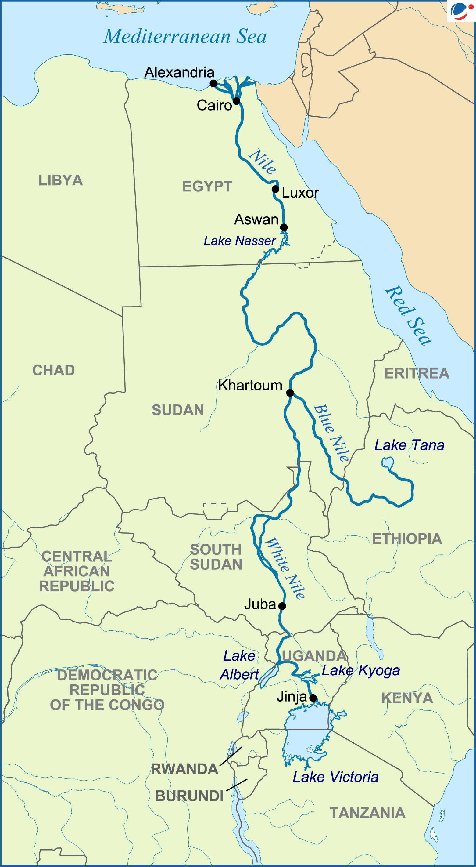 Nile river map, which is draining into Mediterranean sea,