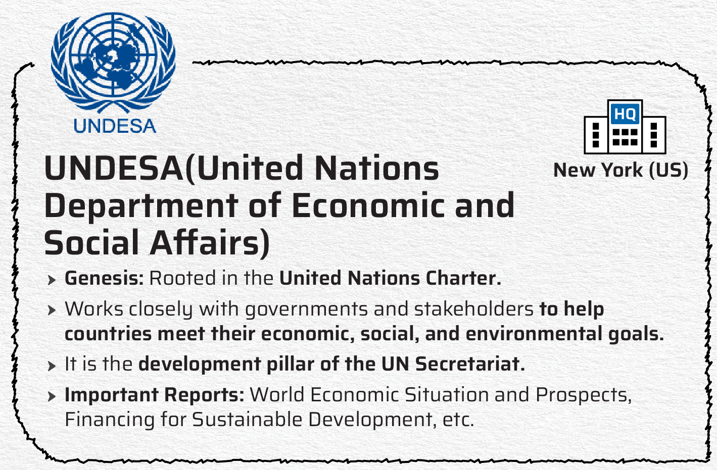 A textual graphic with the logo of the United Nations Department of Economic and Social Affairs (UNDESA) and a brief description. It states that UNDESA is rooted in the UN Charter and aids countries in meeting their economic, social, and environmental goals. It is a development pillar of the UN Secretariat and publishes important reports like the World Economic Situation and Prospects, and Financing for Sustainable Development. The graphic also indicates its headquarters are in New York, US.