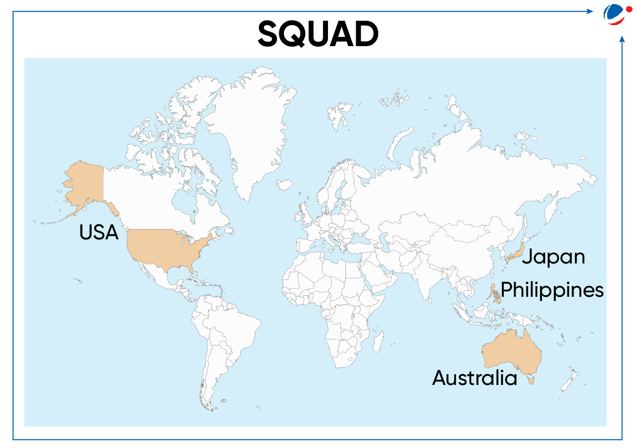 A world map highlighting the USA, Australia, Japan, and the Philippines. These countries are colored in shades different from the rest of the map. The title "SQUAD" is at the top.