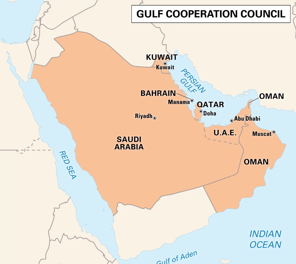 An infographic map showing member countries of the Gulf Cooperation Council (GCC). Countries highlighted include Saudi Arabia, Bahrain, Kuwait, Qatar, the UAE, and Oman.