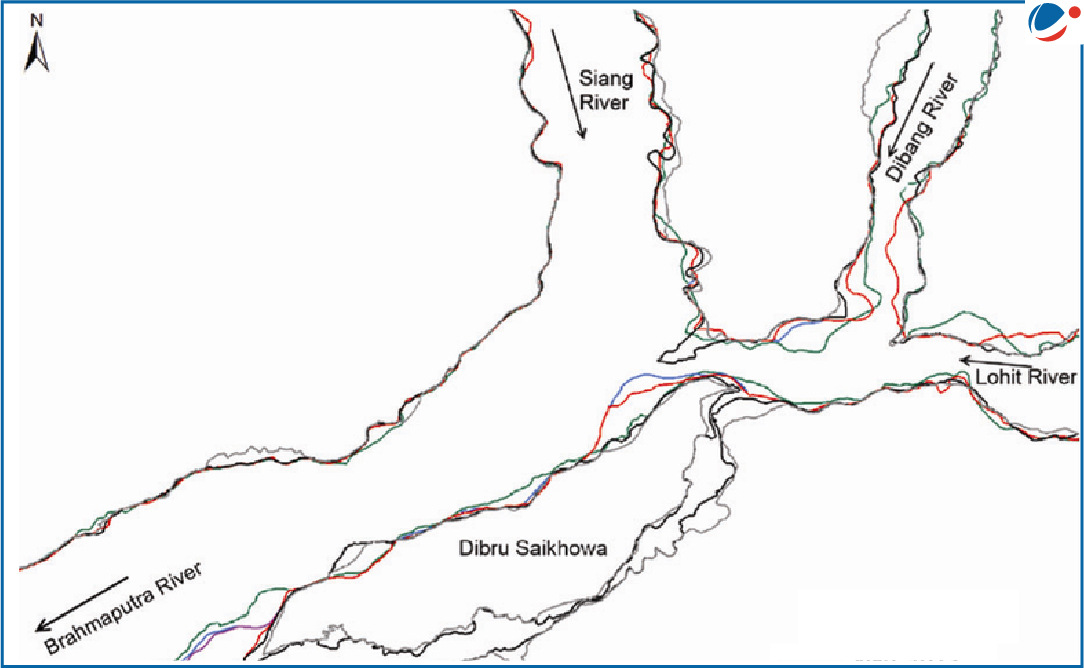 A simplified map showing the Brahmaputra River in northeast India, along with its tributaries: the Siang River, Dibang River, and Lohit River. The map also indicates the location of Dibru Saikhowa, marked in the central region between these rivers.