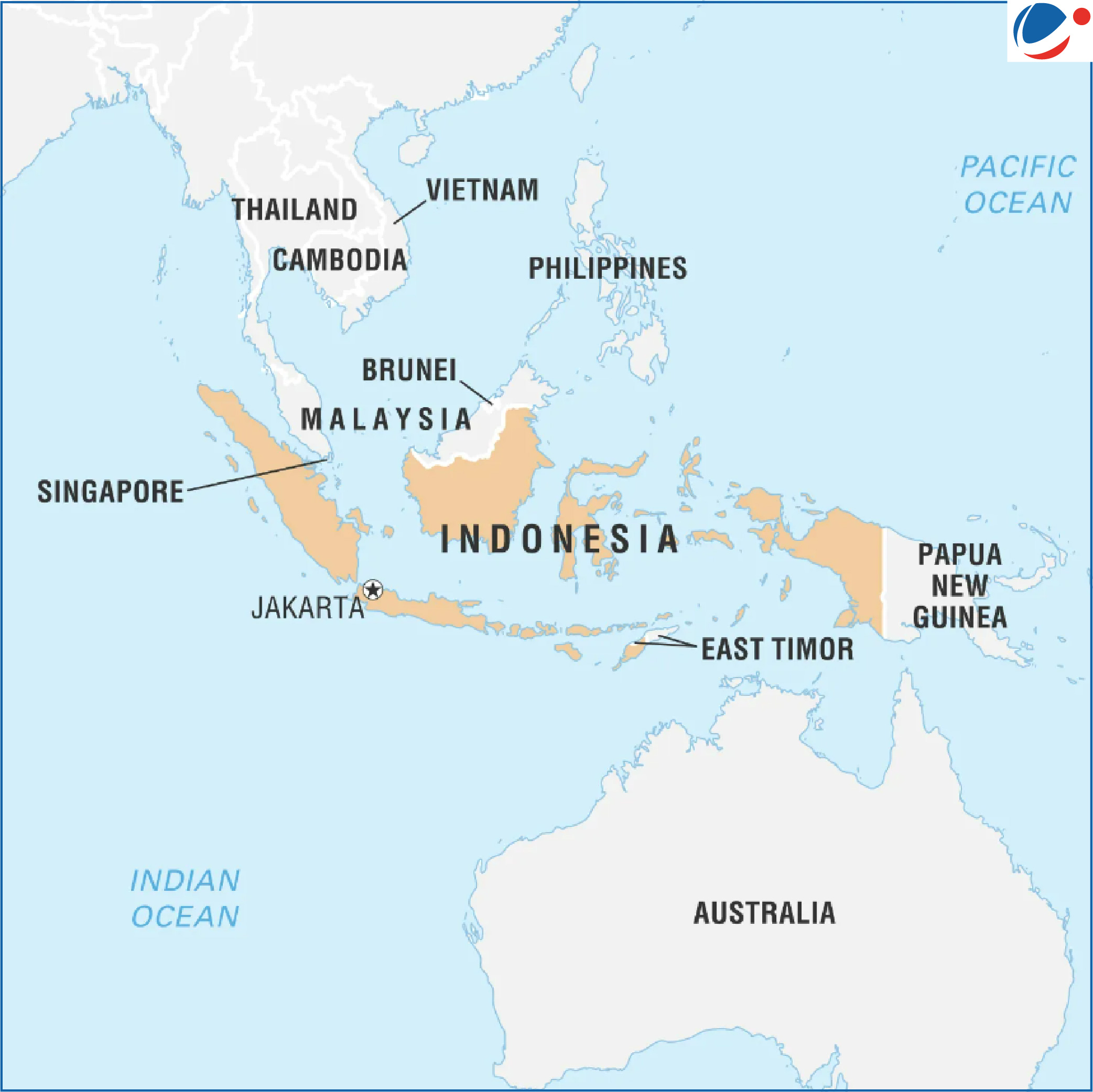 Map of Indonesia. Indonesia is bordered by Malaysia, East Timor and Papua New Guinea