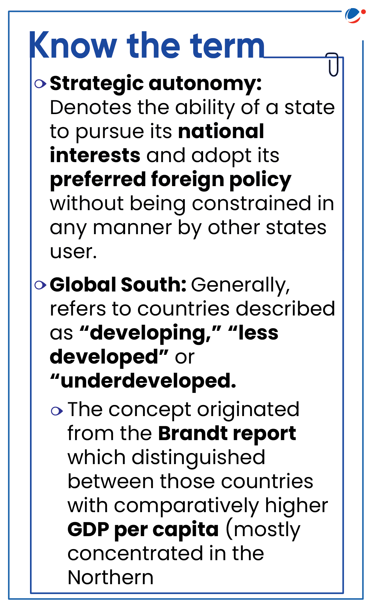 An infographic titled "Know the term" defines three terms: Strategic Autonomy, Global South, and references the Brandt report. The information highlights state ability for independent policy, countries considered less developed, and economic distinctions from the report.