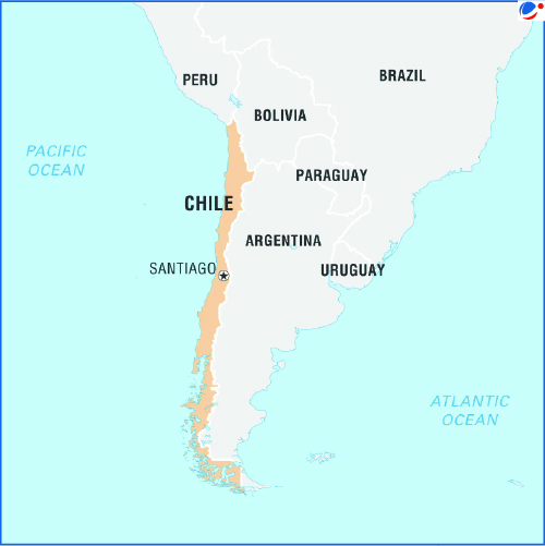 An infographic map showing Chile in South America with its neighbouring countries Peru and Bolivia to the North and Argentina to the East.