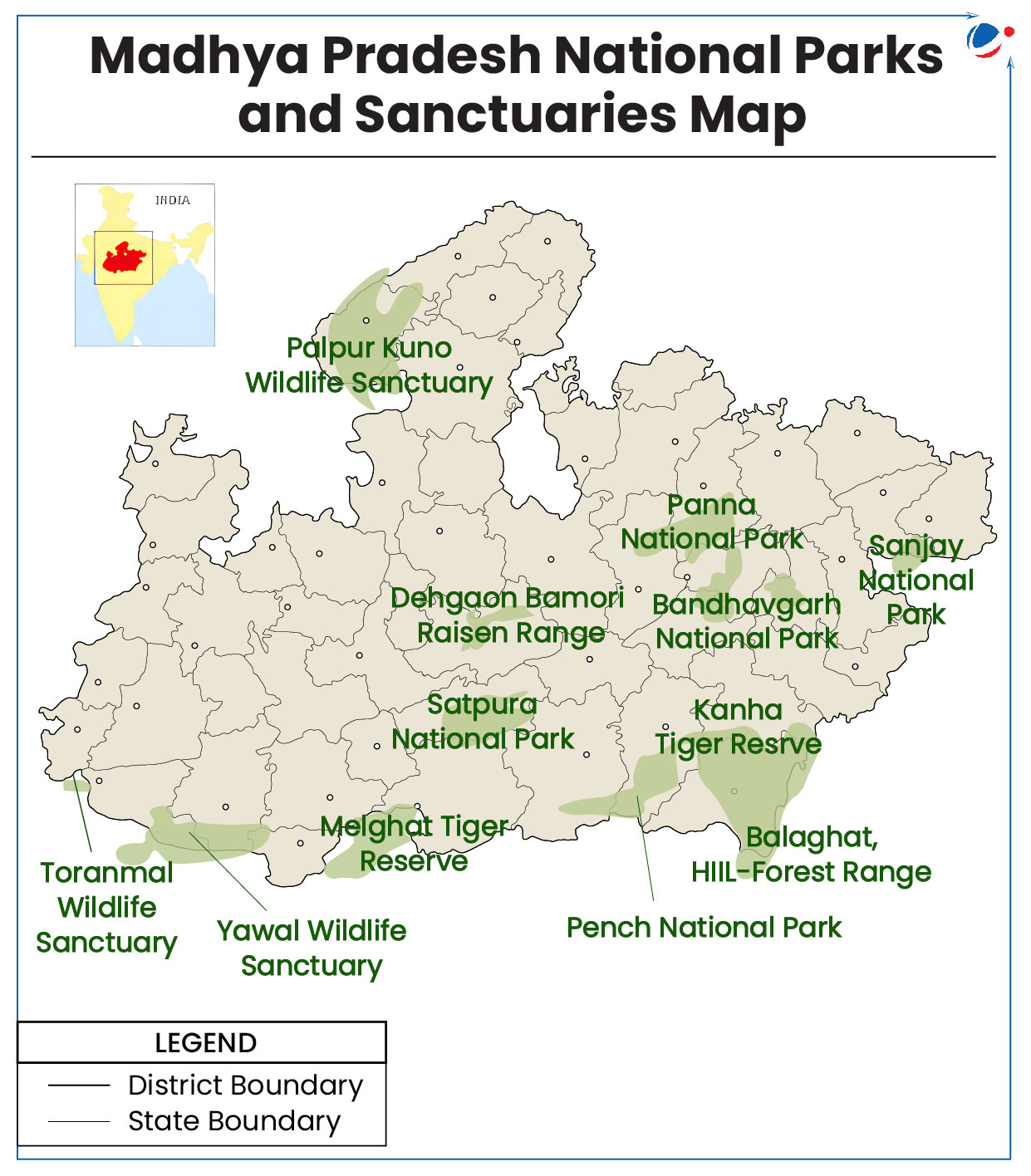 "A map titled 'Madhya Pradesh National Parks and Sanctuaries Map' displays the locations of various national parks and wildlife sanctuaries in Madhya Pradesh, India. The map highlights key protected areas in green.  The following national parks and sanctuaries are labeled:  Palpur Kuno Wildlife Sanctuary Panna National Park Sanjay National Park Bandhavgarh National Park Kanha Tiger Reserve Balaghat Hill-Forest Range Pench National Park Satpura National Park Melghat Tiger Reserve Yawal Wildlife Sanctuary Torannmal Wildlife Sanctuary Dehgaon Bamori Raisen Range