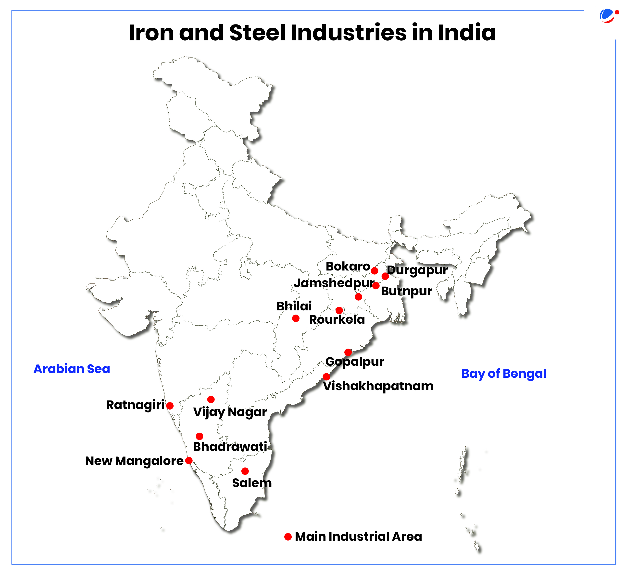 This map of India shows the locations of major iron and steel industrial areas, marked with red dots, including key centers like Bhilai, Rourkela, Durgapur, Bokaro, and Vishakhapatnam, spread across different regions of the country.