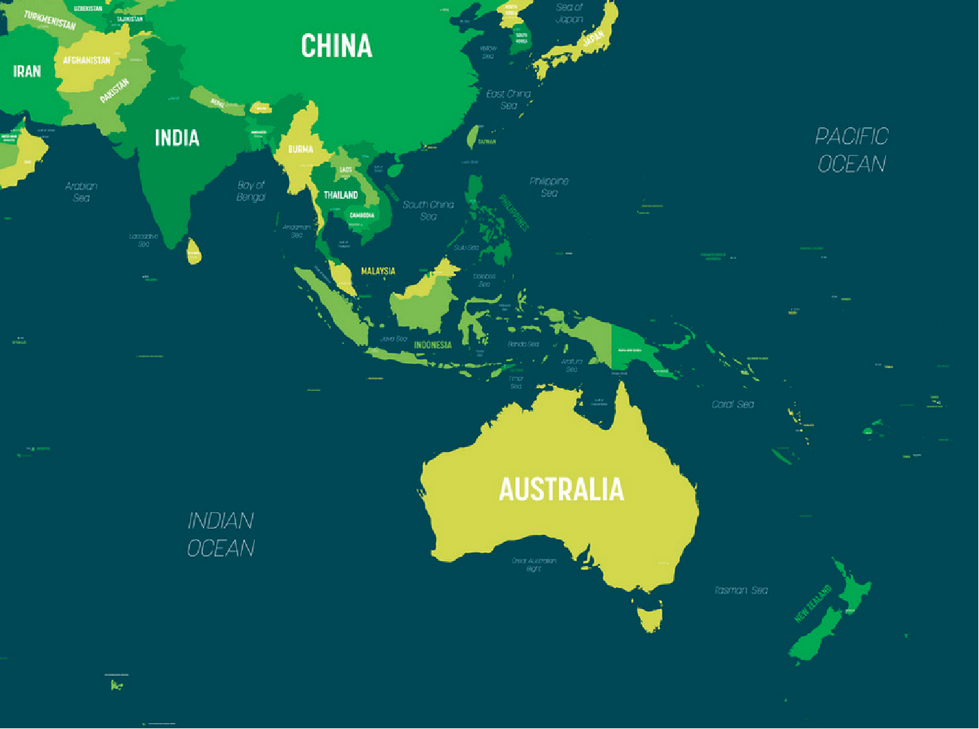 Map showing parts of Asia, Australia, and the Pacific Ocean. Countries include China, India, and Australia. Nearby bodies of water like the Indian Ocean and Coral Sea are also labeled.