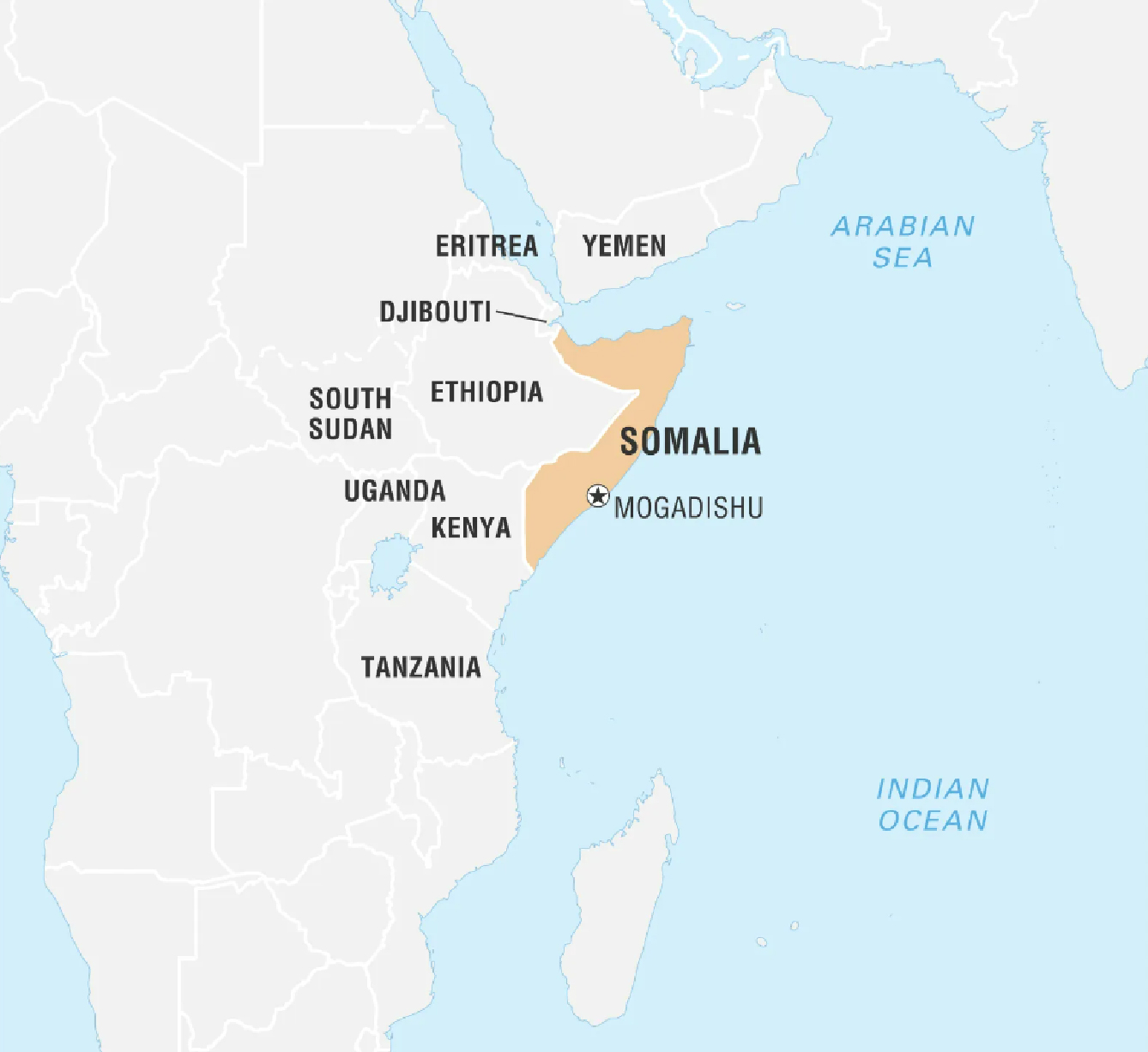 A map of Africa highlighting Somalia, which is located on the Horn of Africa.