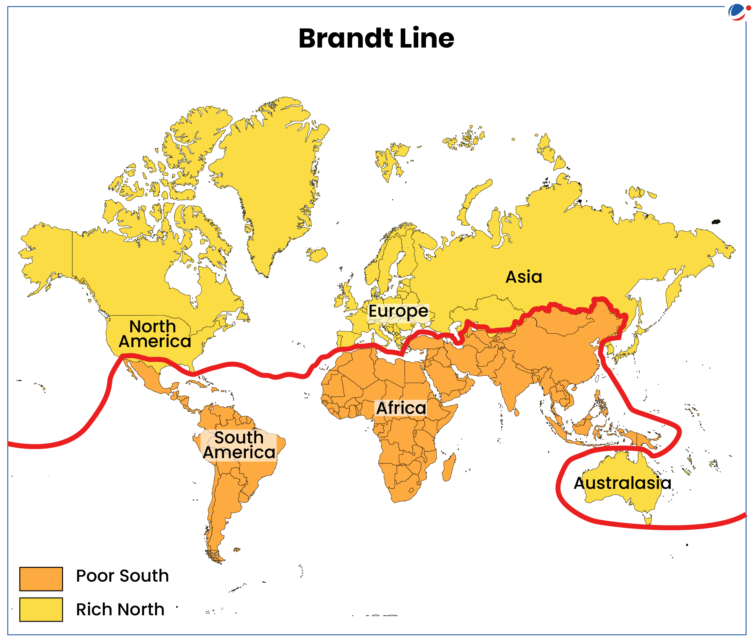 An infographic showing the Brandt Line of the World Map dividing the countries across the globe into 'Rich North' and 'Poor South'. 