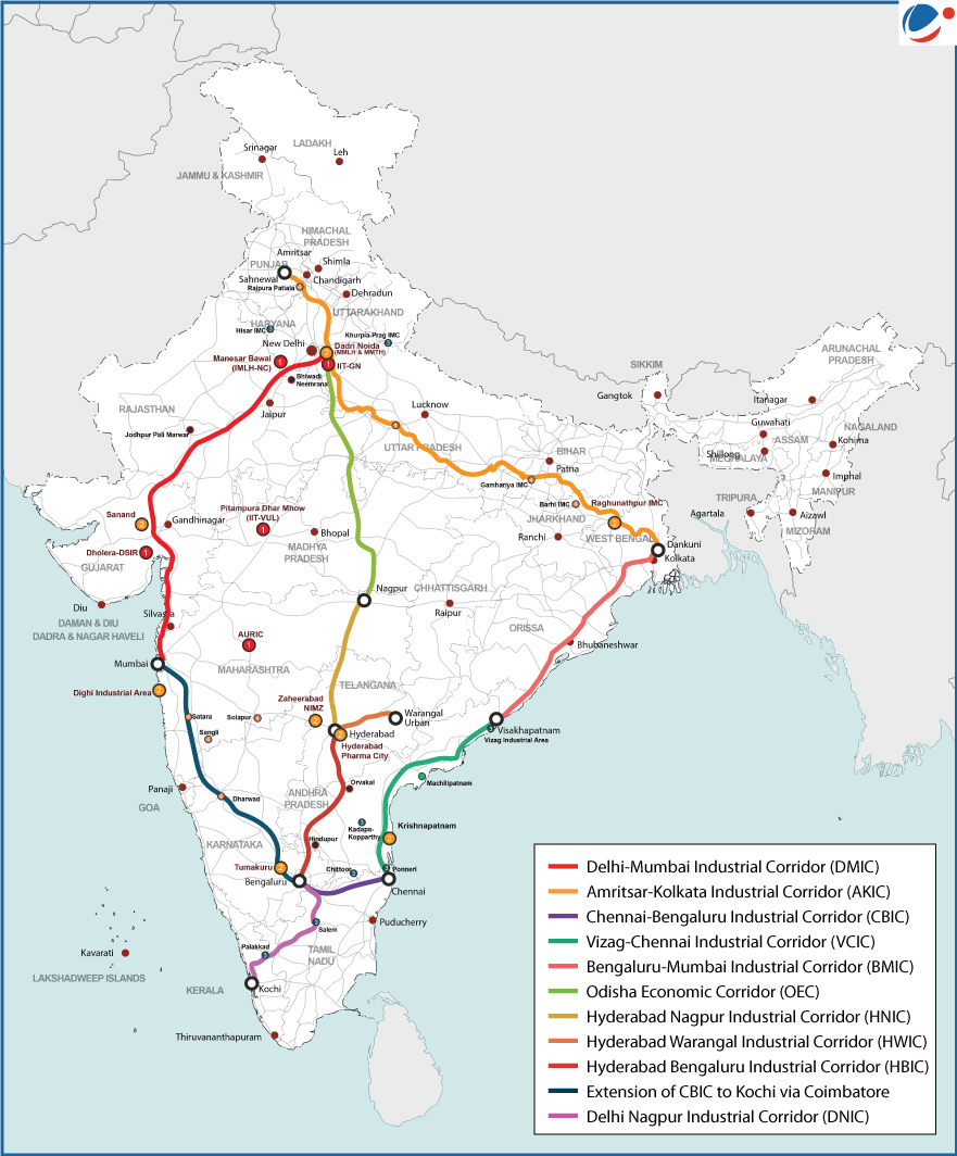 An infographic map showing 11 Industrial Corridors approved by the Union Government on the map of India.