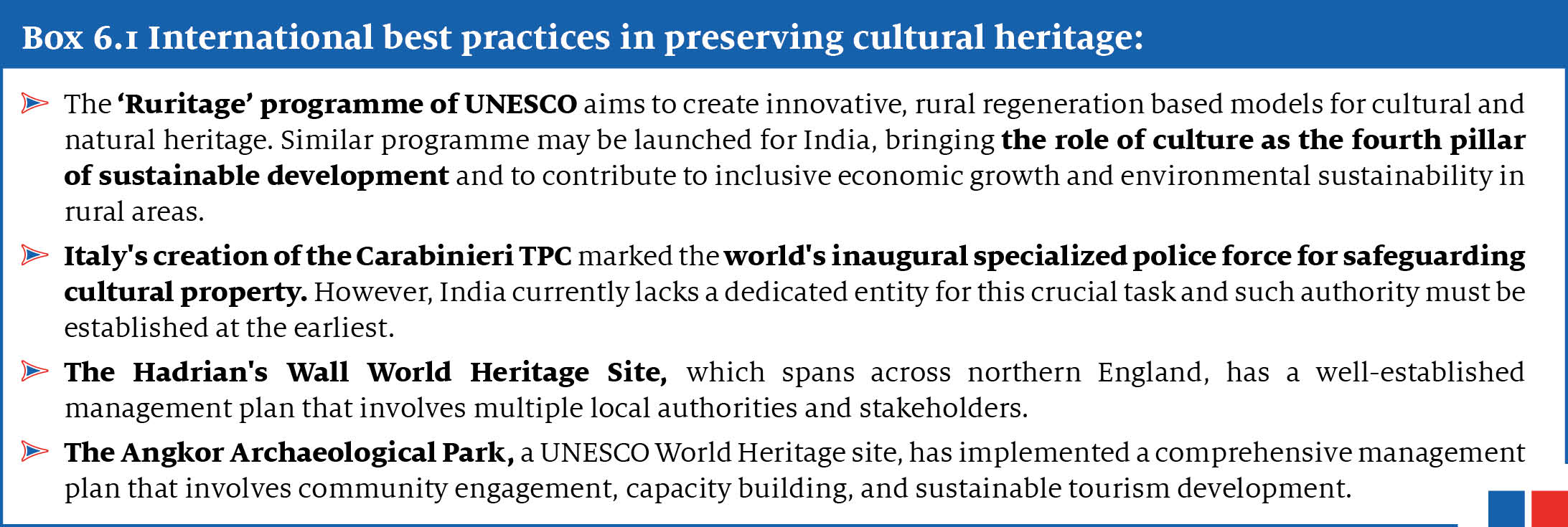 International best practices in preserving cultural heritage like Ruritage programme of UNESCO, Hadrian's wall world heritage site, etc.