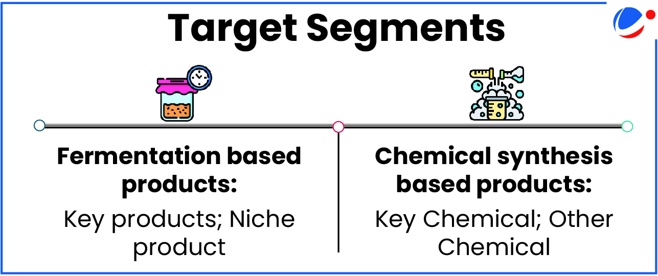 A diagram showing two target segments - Fermentation based products including Key products and Niche product on the left, and Chemical synthesis based products including Key Chemical and Other Chemical on the right, illustrated with relevant icons of a fermentation jar and chemical lab equipment.