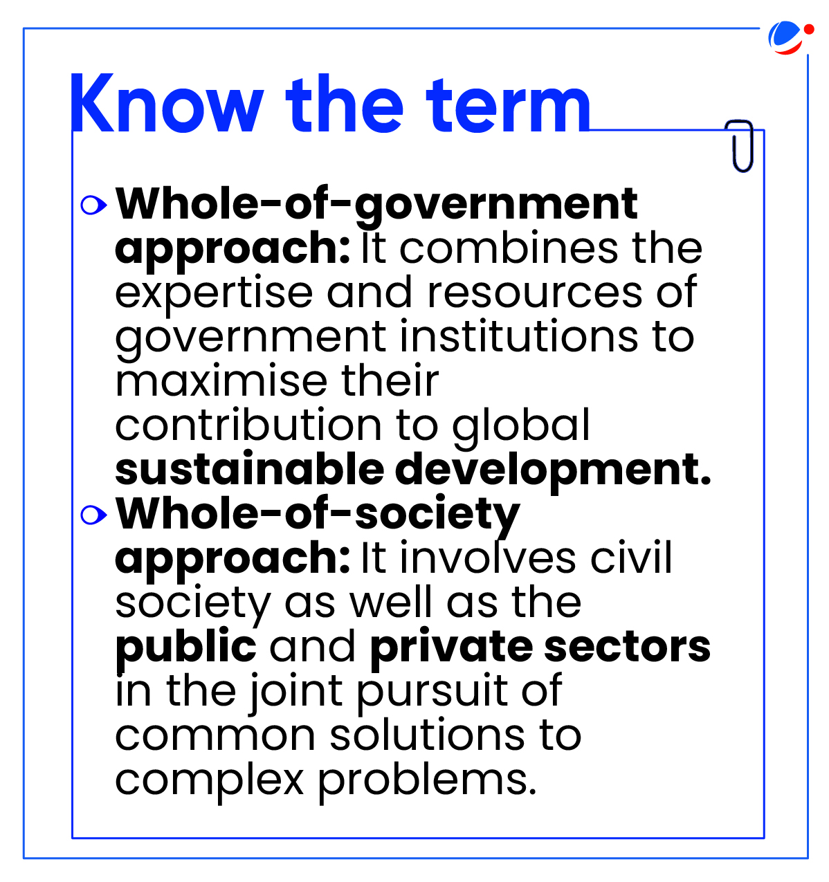 A graphic titled "Know the term" defines the "whole-of-government approach" as a strategy leveraging government institutions for sustainable development and the "whole-of-society approach" as collaboration across civil society, public, and private sectors to solve complex problems.