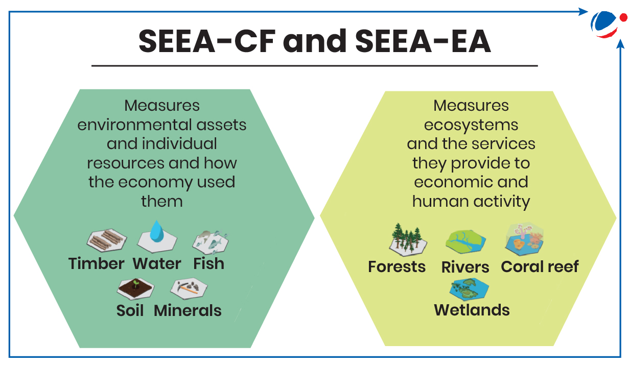 individual environmental resources and assets used in the economy (like timber, water, and minerals), and SEEA-EA, which measures broader ecosystems and their services (like forests, rivers, and coral reefs) that support economic and human activities.