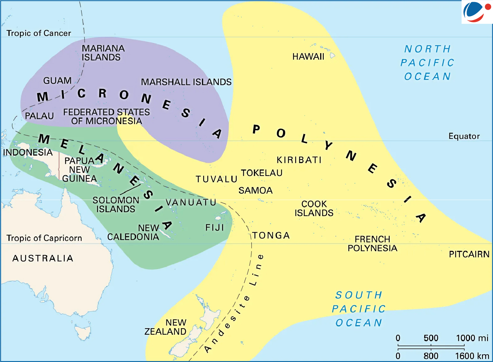 A map of Oceania showing the regions of Micronesia, Melanesia, and Polynesia. Micronesia is in green, Melanesia in purple, and Polynesia in yellow. Major island groups and countries such as Fiji, Samoa, and New Zealand are labeled.