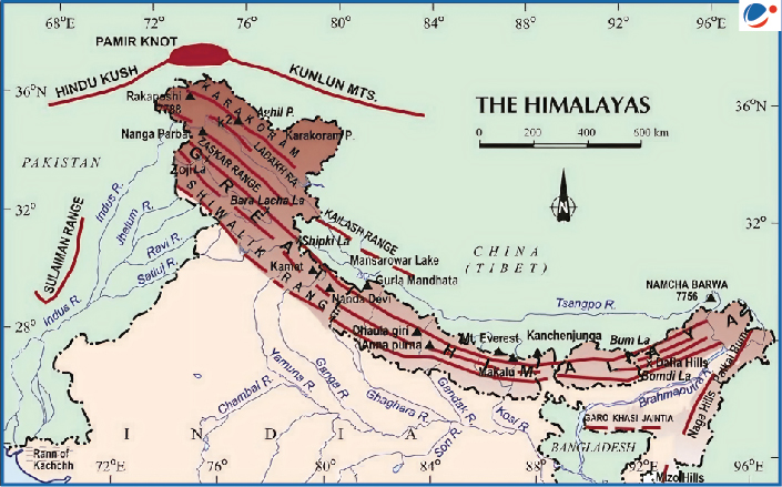 Map of the Himalayas showing major mountain ranges including Hindu Kush, Pamir Knot, and Kunlun Mountains. It highlights notable peaks like Mount Everest and K2, and spans regions of Pakistan, India, China (Tibet), Nepal, and Bhutan.