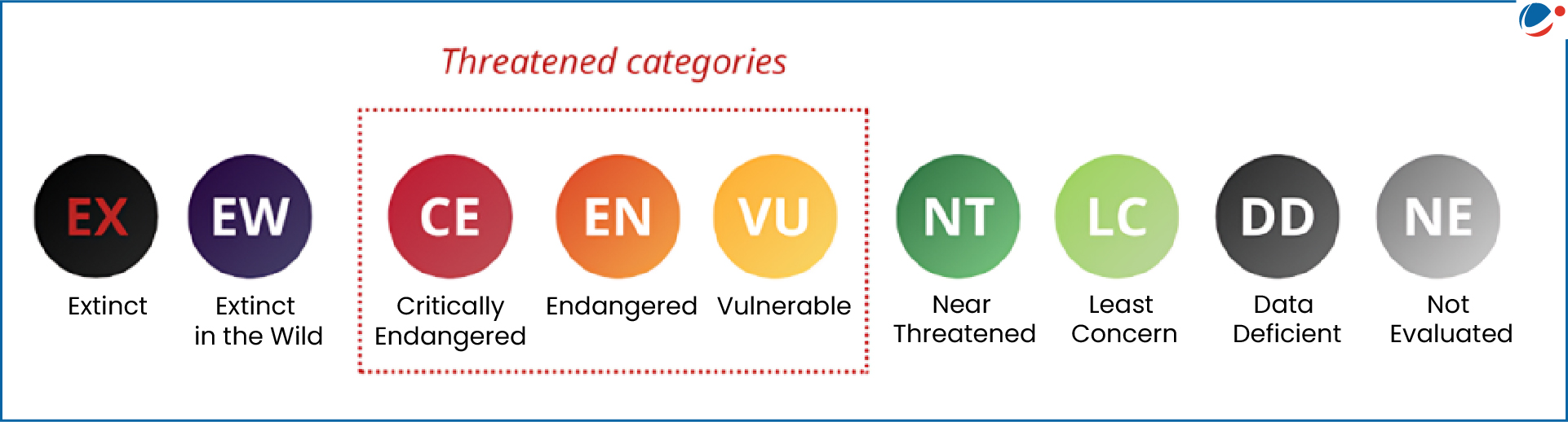 A graphic showing categories of species conservation status: Extinct (EX), Extinct in the Wild (EW), Critically Endangered (CE), Endangered (EN), Vulnerable (VU), Near Threatened (NT), Least Concern (LC), Data Deficient (DD), and Not Evaluated (NE).