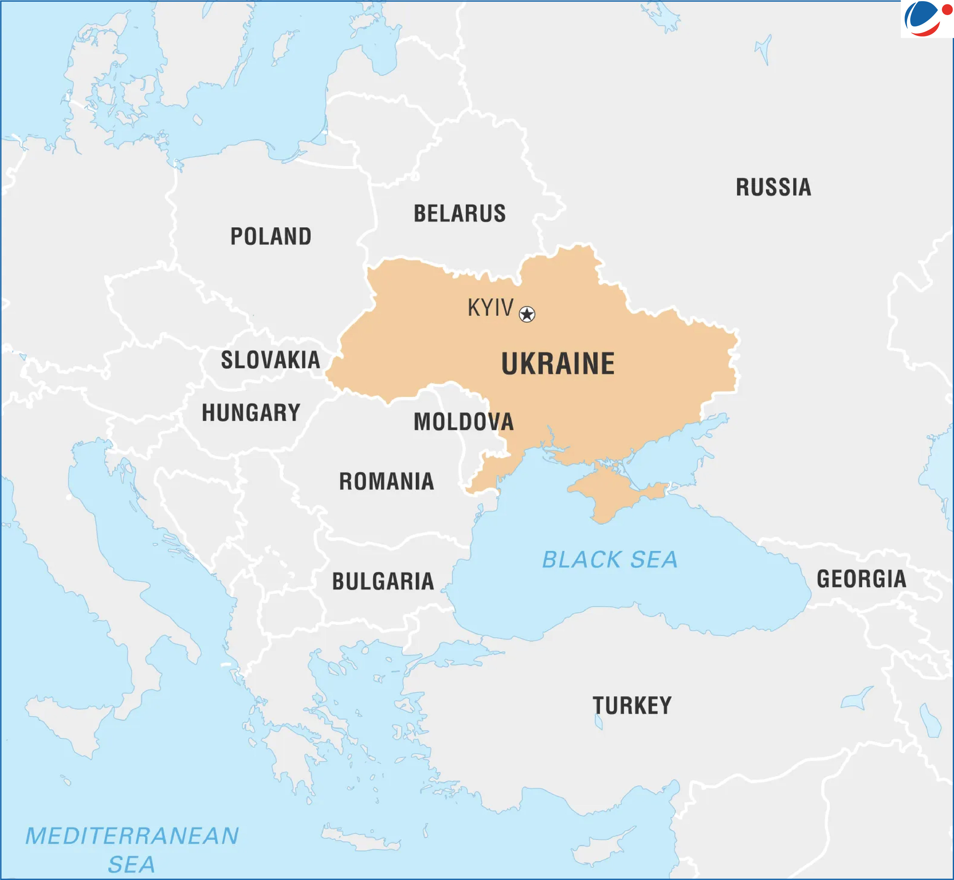 The image show the Eastern Europe Map. It focuses on Ukraine and show its neighbouring countries.