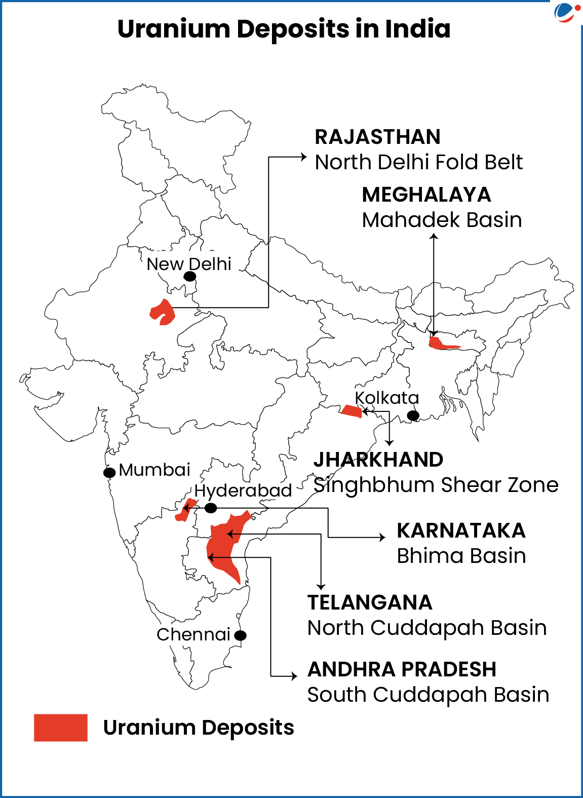 Map showing location of Uranium deposit in India 