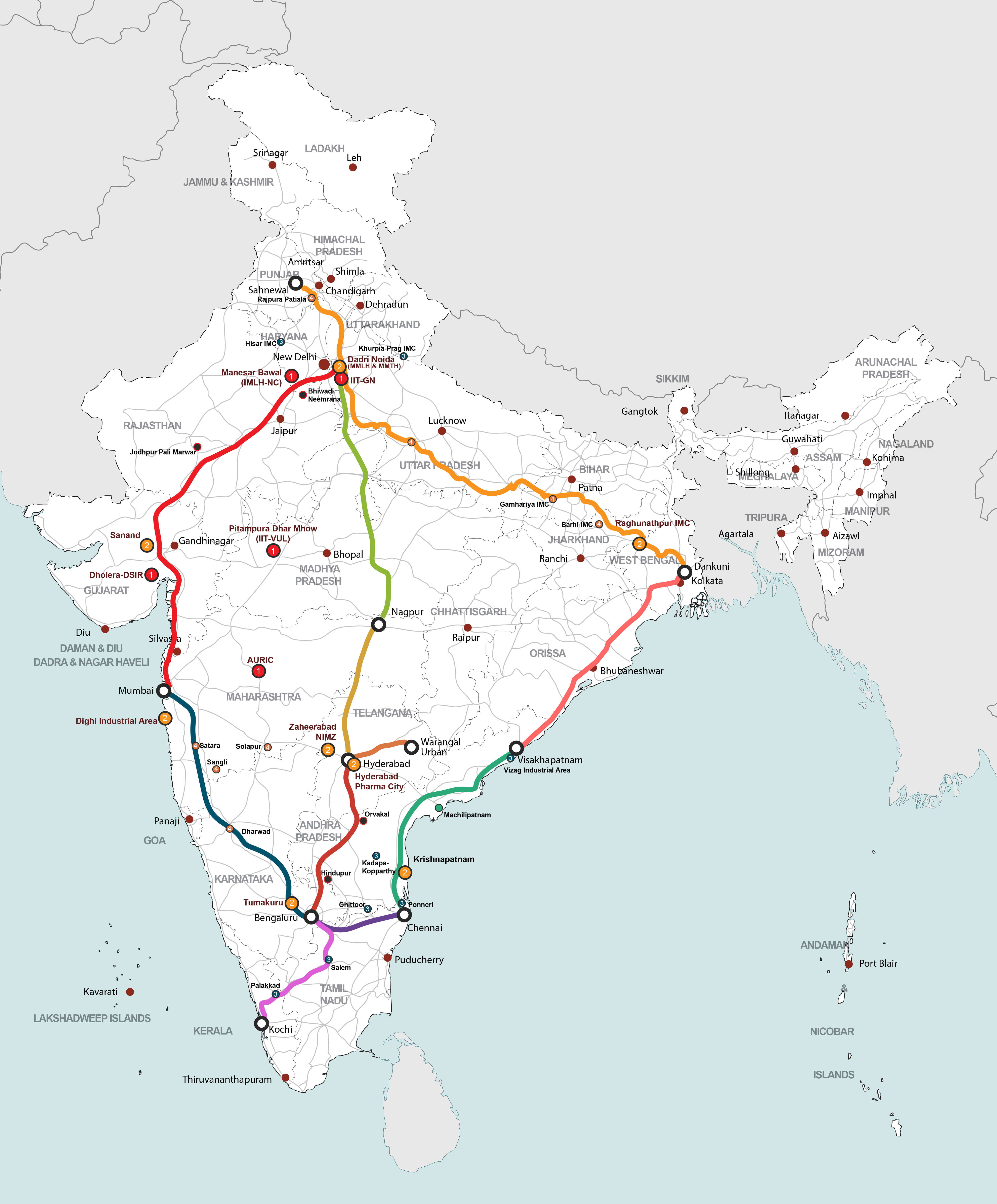 A map of India showing Industrial Corridors through different coloured lines