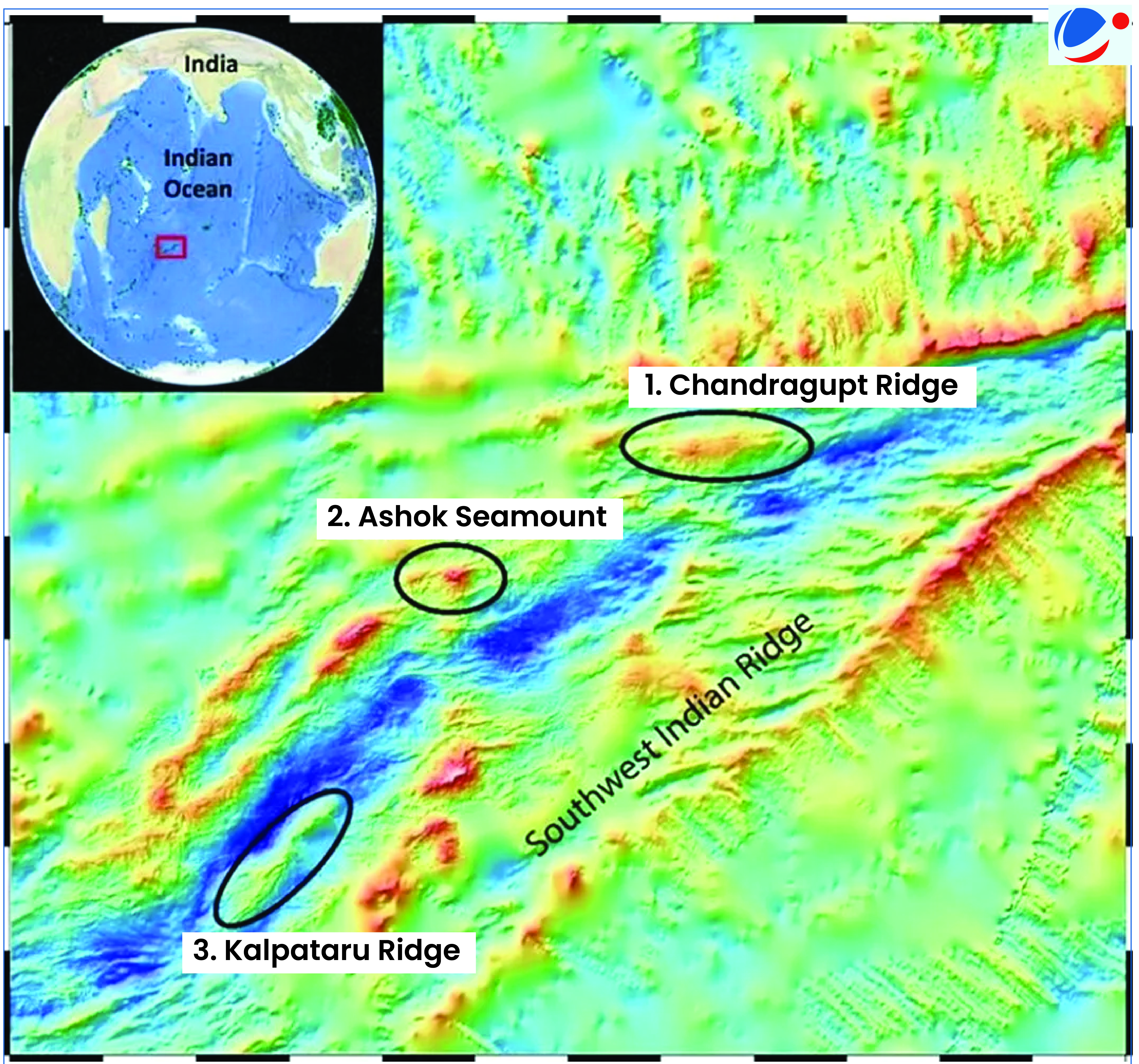 An infographic map showing the three structure in the Indian Ocean whose names have been recently proposed by India - Ashoka Seamount, Chandragupta Ridge, and Kalpataru Ridge.