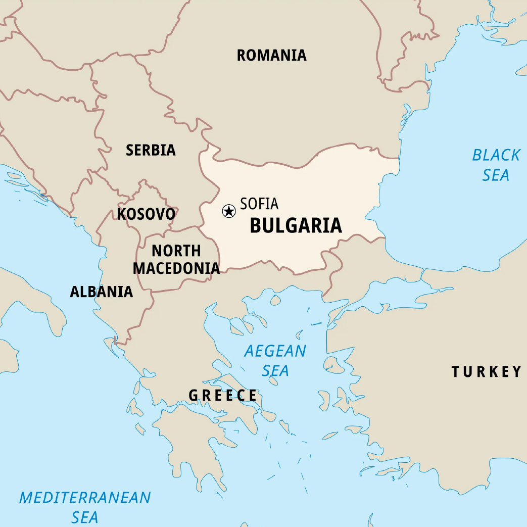 Bulgaria with its bordering countries Romania, Serbia, Kosovo, Macedonia and Greece