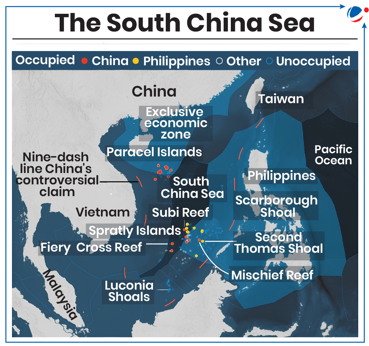 An infographic image showing a map of the South China Sea, illustrating the complex territorial disputes in the region. It highlights China's "Nine-dash line" claim, which encompasses a large portion of the sea. The map identifies various contested areas including the Paracel Islands, Spratly Islands, and several reefs and shoals. It uses color-coded dots to indicate occupation by different countries, primarily China and the Philippines, with some areas marked as unoccupied or controlled by other nations. The map also shows the surrounding countries and territories, including Vietnam, Malaysia, the Philippines, and Taiwan, emphasizing the geopolitical complexity of the area.