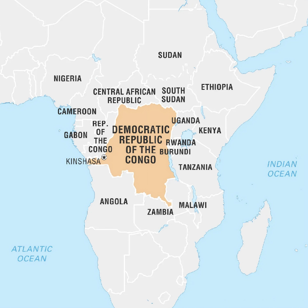 Map of Central Africa highlighting the Democratic Republic of the Congo (in orange). Surrounding countries labeled include Angola, Zambia, Tanzania, Burundi, Rwanda, Uganda, South Sudan, Central African Republic, Republic of the Congo, and Gabon. Nearby oceans—the Atlantic Ocean to the west and the Indian Ocean to the east—are also marked. Major cities like Kinshasa are shown.
