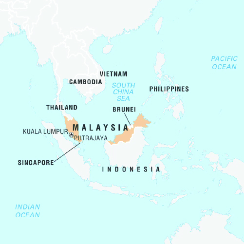 A map of Southeast Asia highlighting Malaysia in beige. Neighboring countries include Thailand to the north, Indonesia to the south, Cambodia, Vietnam, the Philippines, Brunei, and Singapore. Major cities like Kuala Lumpur and Putrajaya are also marked.