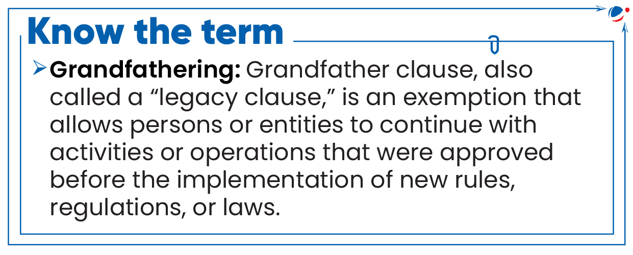 The image contains a section labeled "Know the term" with the following definition:  Grandfathering: Grandfather clause, also called a "legacy clause," is an exemption that allows persons or entities to continue with activities or operations that were approved before the implementation of new rules, regulations, or laws.